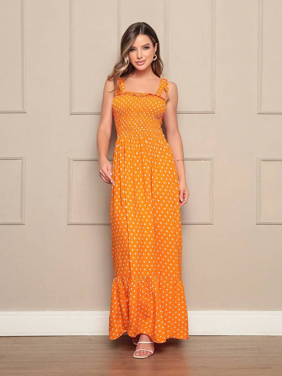 Women's Long Dress With Printed Straps, Tie/Dots - 芥末黃 - 查看 1