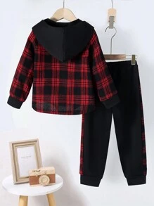 男童休闲格子长袖衬衫和运动裤两件套，秋冬 - 紅色 - 查看 2