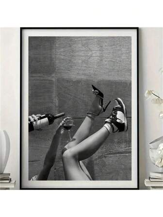 1pc Frameless Woman Drinking Wine Elegant Urban Bar Cart Decor Feminist Poster, Black And White For Bedroom Wall Decor New Year's Gift Artwork Canvas Without Framed