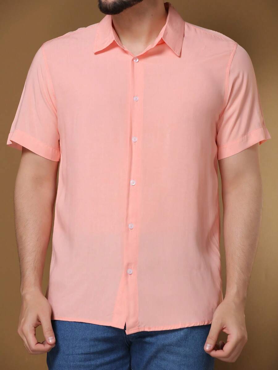 Men's Plain Short Sleeve Shirt - Hồng - Xem 1