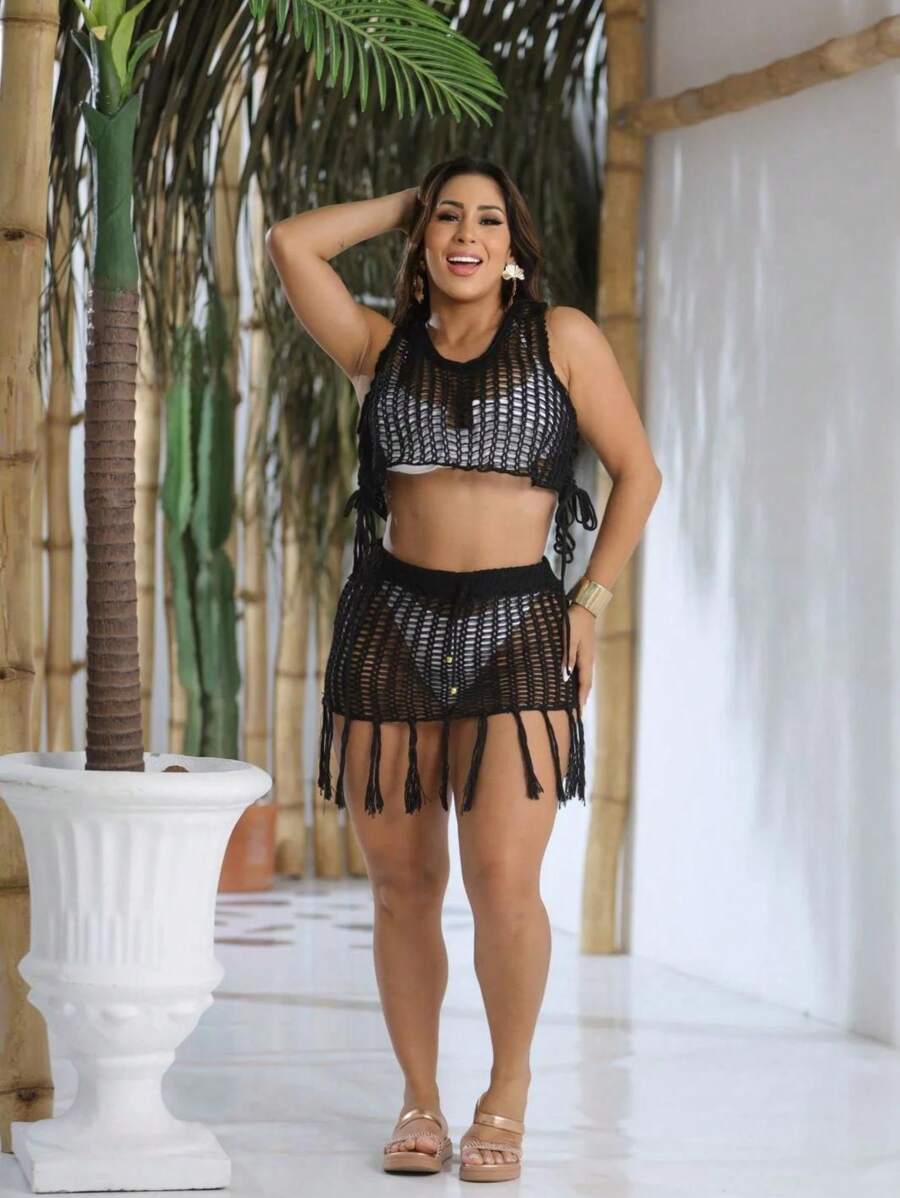 Beachwear Set With Fringe And Adjustable Side Skirt And Cropped Top, Beachwear, Trend, Comfortable, Beach, Summer, Pool, Heat - màu đen - Xem 1