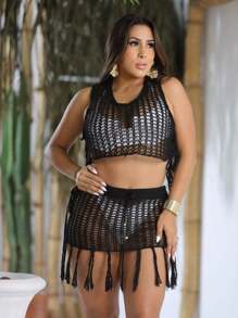 Beachwear Set With Fringe And Adjustable Side Skirt And Cropped Top, Beachwear, Trend, Comfortable, Beach, Summer, Pool, Heat - màu đen - Xem 3