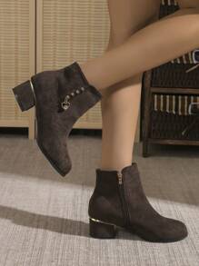 Match Black Skirt,Minimalist Medium Chunky Heel Coffee Brown Suede Ankle Boots With Rhinestone Pendant Side Zipper Design, Fashionable & Elegant Women Boots