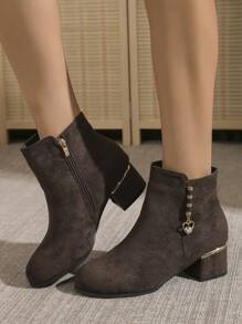 Match Black Skirt,Minimalist Medium Chunky Heel Coffee Brown Suede Ankle Boots With Rhinestone Pendant Side Zipper Design, Fashionable & Elegant Women Boots