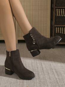 Match Black Skirt,Minimalist Medium Chunky Heel Coffee Brown Suede Ankle Boots With Rhinestone Pendant Side Zipper Design, Fashionable & Elegant Women Boots