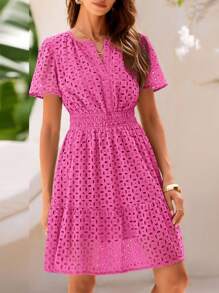 Women's Summer Skirt V-Neck Short Sleeve A-Line Hollow Lace Ruffled Cute Casual Dress - Màu Hồng Tươi - Xem 4