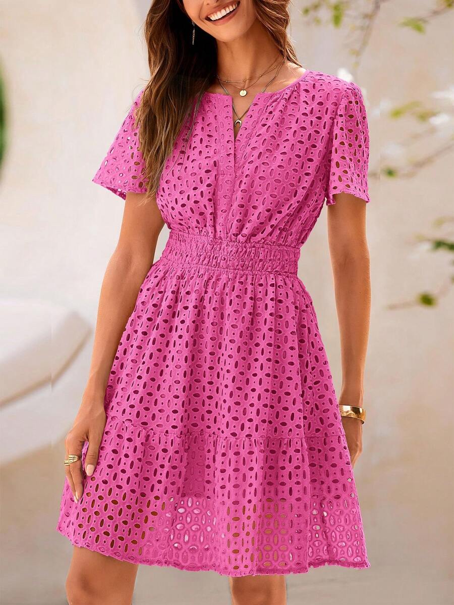 Women's Summer Skirt V-Neck Short Sleeve A-Line Hollow Lace Ruffled Cute Casual Dress - Màu Hồng Tươi - Xem 1
