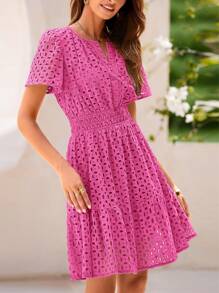 Women's Summer Skirt V-Neck Short Sleeve A-Line Hollow Lace Ruffled Cute Casual Dress - Màu Hồng Tươi - Xem 3