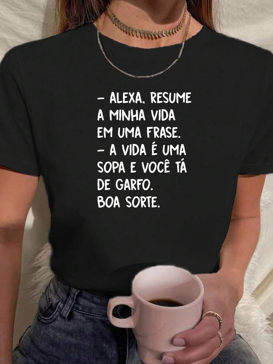 Women's Baby Look T Shirt Funny Phrases Alexa Sums Up My Life Life Is Soup And You're Using A Fork 100% Cotton - 黑色 - 查看 1