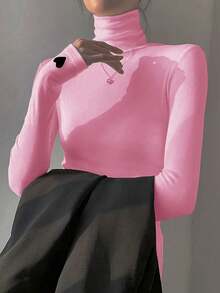 1 chiếc áo thun dài tay cổ cao họa tiết trái tim thời trang xuân/hè cho nữ - Hồng - Xem 3