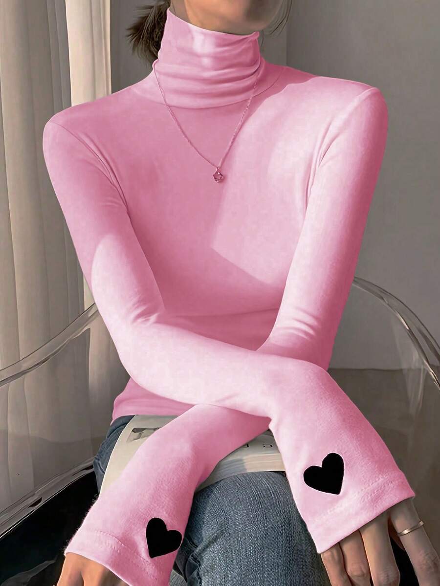 1 chiếc áo thun dài tay cổ cao họa tiết trái tim thời trang xuân/hè cho nữ - Hồng - Xem 1