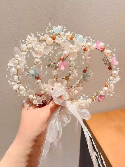 1pc Children's Flower Wreath Headwear Princess Faux Pearl Ribbon Girl Hair Accessory Birthday Party Wedding Performance Flower Girl Mori Style Super Fairy Accessory