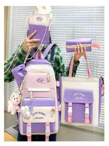 MOCHILA KAWAII COMBO DE CINCO PIEZAS - Morado - Ver 4