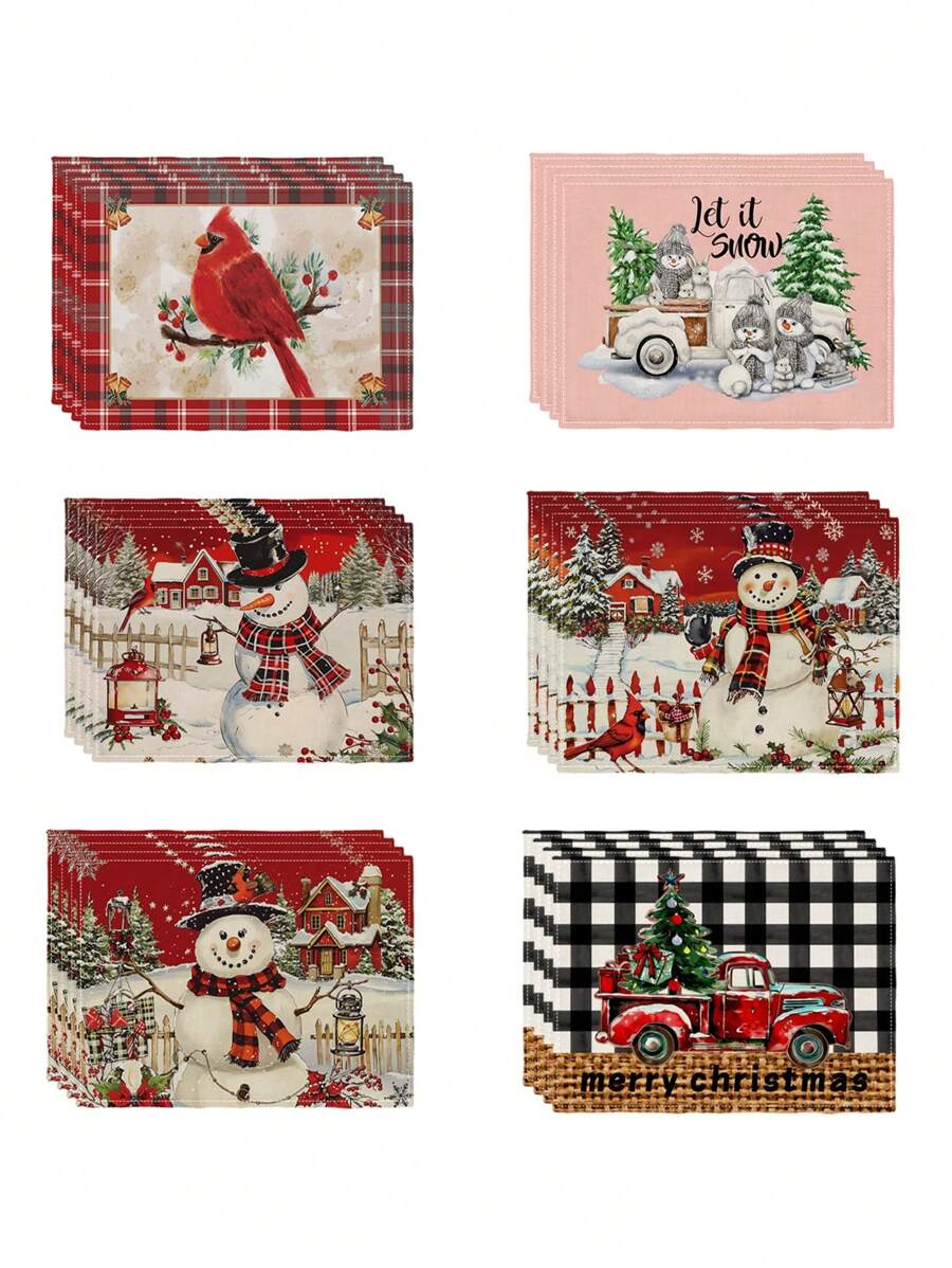 4 件/套圣诞餐垫，红色水彩雪人、圣诞老人、绿色圣诞树、礼物、黑白格子、带驯鹿和农舍的红色卡车，耐热且易于清洁的桌面装饰，适用于室内室外圆桌餐厅 - 樞機主教 - 查看 1