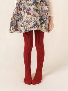 4 piezas Leggings/medias de niña a rayas verticales de unicolor, adecuado para uso diario
