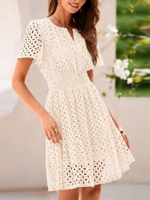 Women's Summer Skirt V-Neck Short Sleeve A-Line Hollow Lace Ruffled Cute Casual Dress - Màu be - Xem 3