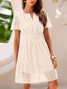 Women's Summer Skirt V-Neck Short Sleeve A-Line Hollow Lace Ruffled Cute Casual Dress - Màu be - Xem 4