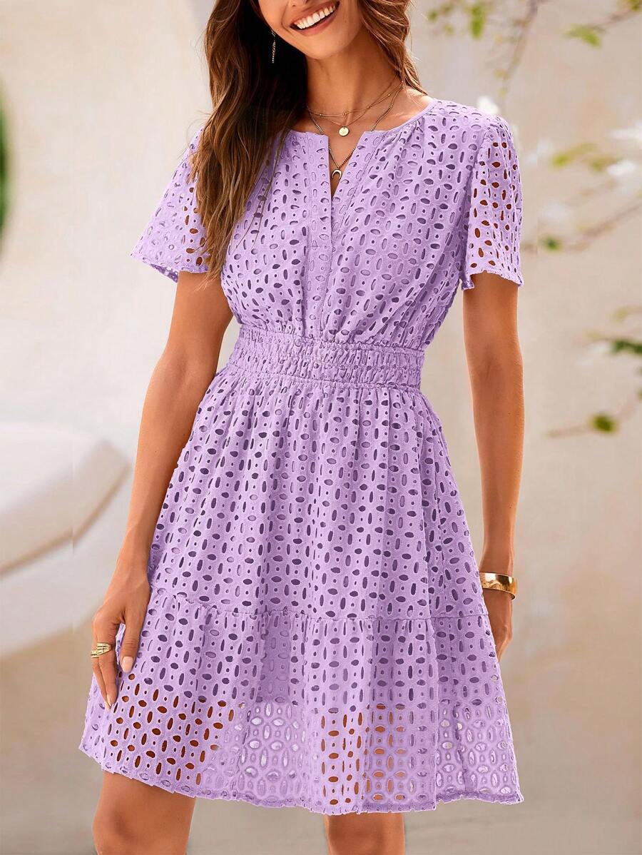 Women's Summer Skirt V-Neck Short Sleeve A-Line Hollow Lace Ruffled Cute Casual Dress - Màu tím - Xem 1