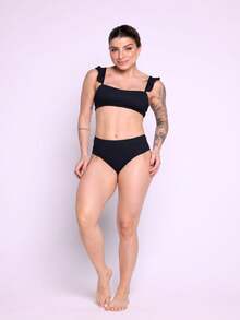 Bikini Top Bandeau Hot Pants High Waist Cropped Ruffle Beach Fashion - 黑色 - 查看 3