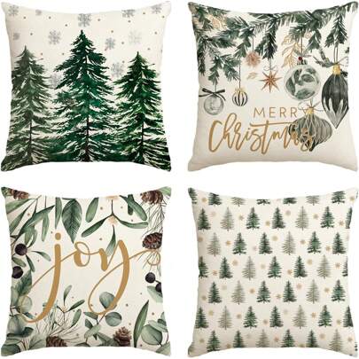 4PCS Merry Tree Snowflake Pillow Pillow Case, Happy Ball Winter Holiday Cushion Cover Sofa Decoration, Single Side Without Pillow Core Christmas  Christmas Decor  Christmas Decorations Christmas Decoration Home Decor Room Decor