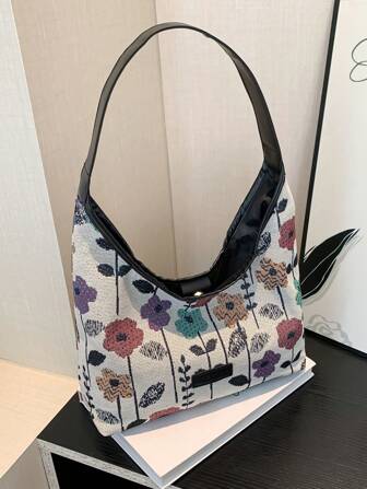 1 件时尚拼色针织花卉图案工作磁性腋下包简约单肩托特包手提包，适合女性日常穿着