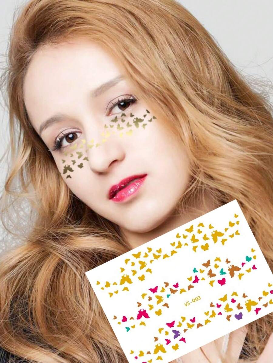 6 件金属纹身贴纸和雀斑贴纸，适合派对的闪亮临时面部纹身，适合节日和化妆舞会的逼真临时纹身贴纸，适合万圣节化妆的万圣节面部纹身 - 彩色 - 查看 1