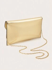 Pochette d'enveloppe de luxe brillante, avec des accessoires métalliques à grain croisé raffinés, en matériau PU, livrée avec une bandoulière en chaîne métallique. Convient pour les fêtes, les mariages, les bals de promo, les dîners de gala. Peut être assorti à une robe de mariée, une robe de soirée, une robe d'anniversaire. Un élégant sac pochette pour femme. - Doré - Voir 5