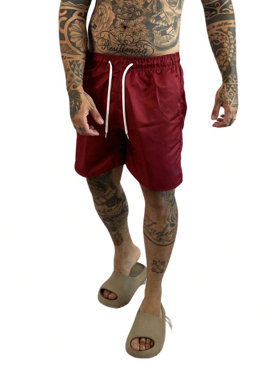 Men's Bermuda Shorts White Tactel Beach Mauricinho Short - 酒紅色 - 查看 1