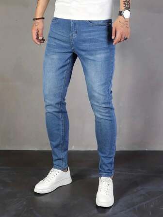 男式蓝色修身弹力牛仔裤