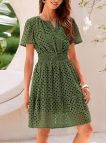 Women's Summer Midi Skirt V-Neck Short Sleeve A-Line Hollowed-Out Lace Ruffles Cute Casual Dress Beach Dress Vacation Dress - 軍綠色 - 查看 5