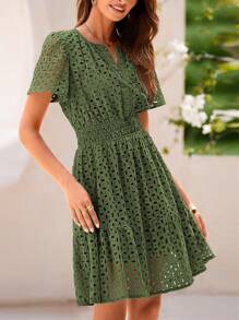 Women's Summer Midi Skirt V-Neck Short Sleeve A-Line Hollowed-Out Lace Ruffles Cute Casual Dress Beach Dress Vacation Dress - 軍綠色 - 查看 3