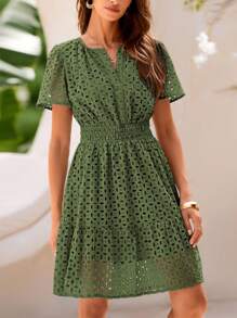 Women's Summer Midi Skirt V-Neck Short Sleeve A-Line Hollowed-Out Lace Ruffles Cute Casual Dress Beach Dress Vacation Dress - 軍綠色 - 查看 4