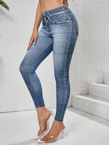 Damskie legginsy sportowe z nadrukiem imitującym dżins, elastyczne, szybkoschnące, oddychające, codzienne spodnie, spodnie sportowe do jogi z wysokim stanem i podnoszeniem bioder, uniwersalne legginsy ze spandexu w stylu dżinsowym, wyszczuplające sylwetkę, przyjazne dla skóry i oddychające, można nosić o każdej porze roku, odpowiednie na siłownię, jazdę na rowerze na świeżym powietrzu, bieganie, jogę, sporty ekstremalne i dojazdy do pracy