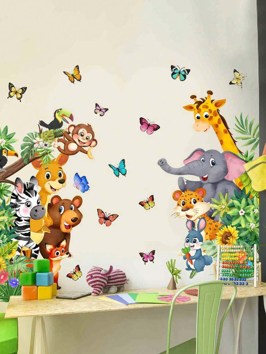 1set Cute Forest Animals Giraffe Elephant Butterfly Decor Wall Stickers