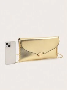 Pochette d'enveloppe de luxe brillante, avec des accessoires métalliques à grain croisé raffinés, en matériau PU, livrée avec une bandoulière en chaîne métallique. Convient pour les fêtes, les mariages, les bals de promo, les dîners de gala. Peut être assorti à une robe de mariée, une robe de soirée, une robe d'anniversaire. Un élégant sac pochette pour femme. - Doré - Voir 6