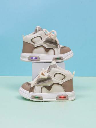 中高 LED 发光软皮高帮运动鞋，适合男孩和女孩 - 休闲、减震、四季防滑户外跑步和步行鞋