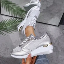 Women's Casual Round Toe Lace-Up Wedge Platform Sports Shoes, Soft Sole, Spring/Autumn