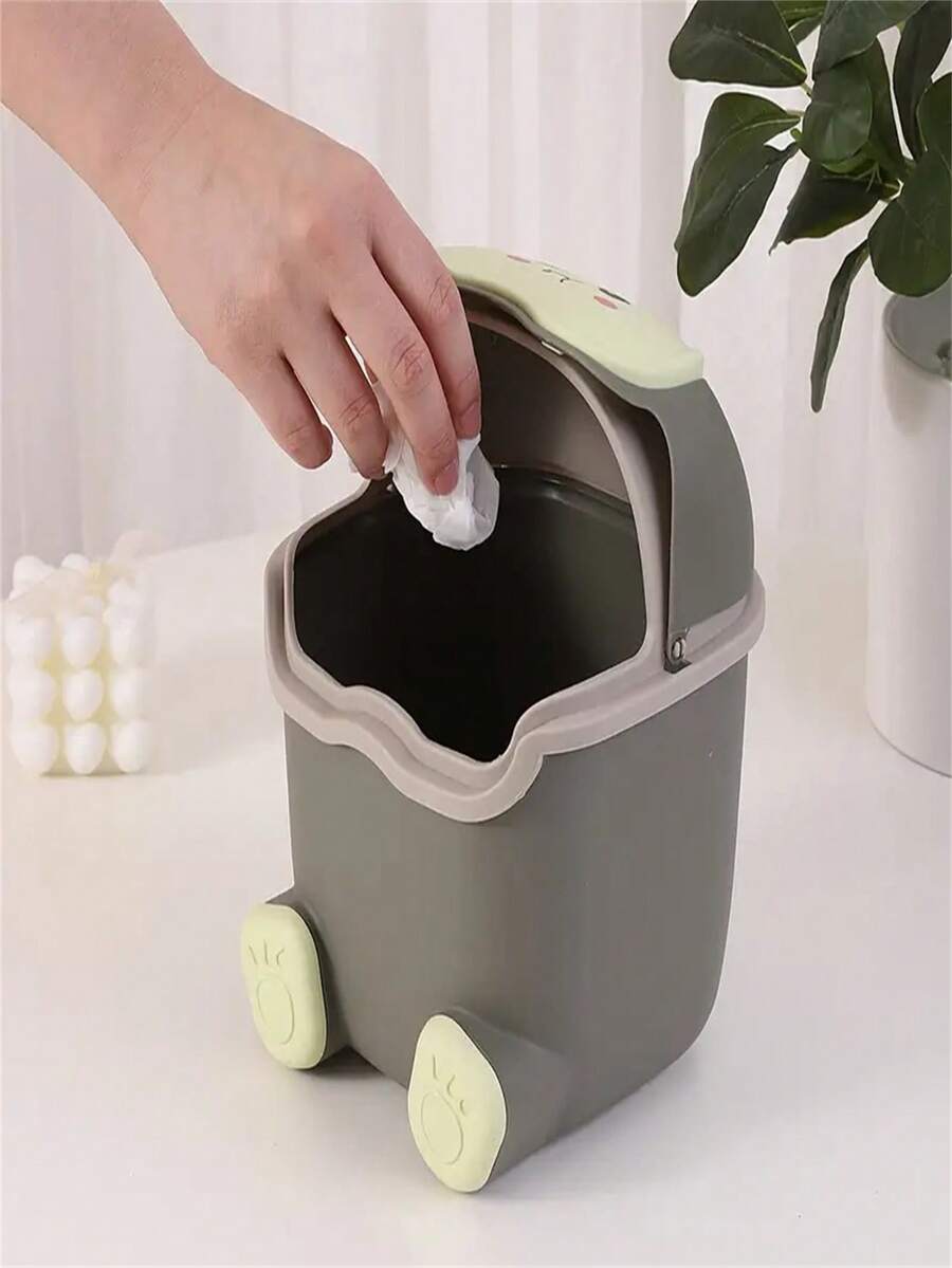 1pc Covered Small Desktop Trash Can, Creative Cartoon Flip Lid Storage