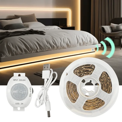 1PC 5V 人体龟背传感器 LED 灯带暖白/冷白两种光，可自由粘贴和剪切，可固定龟背传感器，适用于床边、楼梯、衣柜等。