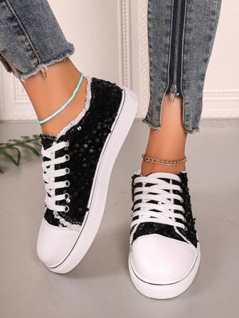 Fashionable Breathable Sequin Sports Casual Shoes, Versatile Flat Canvas Flats Sneakers For Students & Women