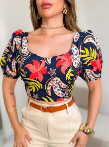 Cropped Blouses With Printed Padding NEW - Màu xanh hải quân - Xem 1