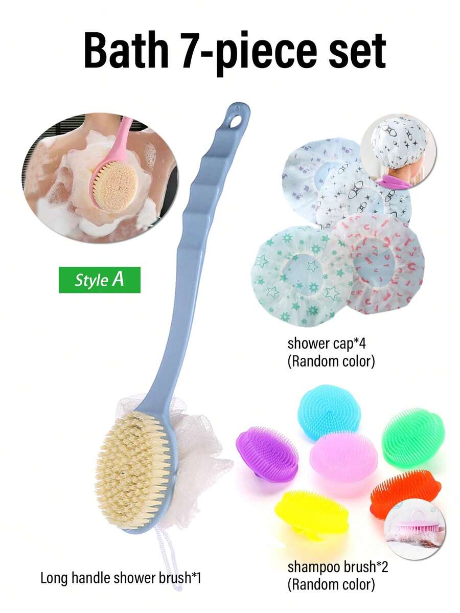1套双面沐浴刷7件套34CM长沐浴刷洗澡刷长柄软毛沐浴刷背部磨砂浴帽防水浴帽浴帽洗发梳按摩刷毛刷 - 彩色 - 查看 1