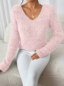1pc Women's Off-The-Shoulder Sweater, Fashion Loose V-Neck Soft Knit Pullover Top, Versatile & Gentle Casual - Baby Pink - View 6