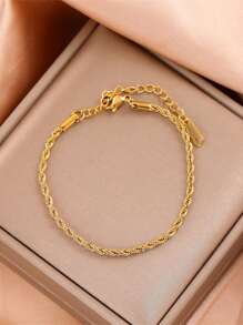 1 pieza Pulsera clásica de acero inoxidable con cuerda dorada retorcida, regalo de joyería única y de moda con diseño de ola - Dorado - Ver 4