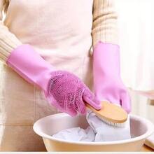 1 Pair Dishwashing Gloves, Silicone Rubber Imitation Leather Waterproof For Household Chores, Kitchen, Washing Clothes, Vegetables Cleaning, Scrubbing Dishes, Thick & Wear-Resistant, Long Length For Women