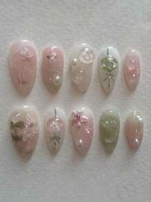 Juego de 10 piezas de puntas de uñas hechas a mano con perlas, diseño 3D de flores y loto fresco, ultra delgadas sin residuo, creación de un aspecto dulce y brillante de uñas postizas.