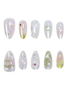 Juego de 10 piezas de puntas de uñas hechas a mano con perlas, diseño 3D de flores y loto fresco, ultra delgadas sin residuo, creación de un aspecto dulce y brillante de uñas postizas.