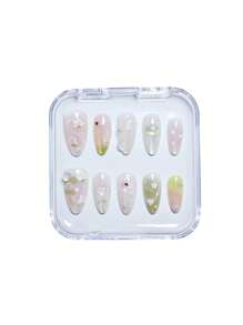Juego de 10 piezas de puntas de uñas hechas a mano con perlas, diseño 3D de flores y loto fresco, ultra delgadas sin residuo, creación de un aspecto dulce y brillante de uñas postizas.