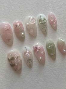Juego de 10 piezas de puntas de uñas hechas a mano con perlas, diseño 3D de flores y loto fresco, ultra delgadas sin residuo, creación de un aspecto dulce y brillante de uñas postizas.