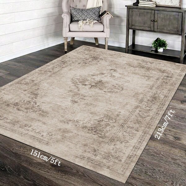 1pc Thin Grey/Blue/Green/Camel American Vintage Bohemian Style Polyester Rug, Anti-Slip, Machine Washable, Suitable For Living Room, Bedroom, Hallway